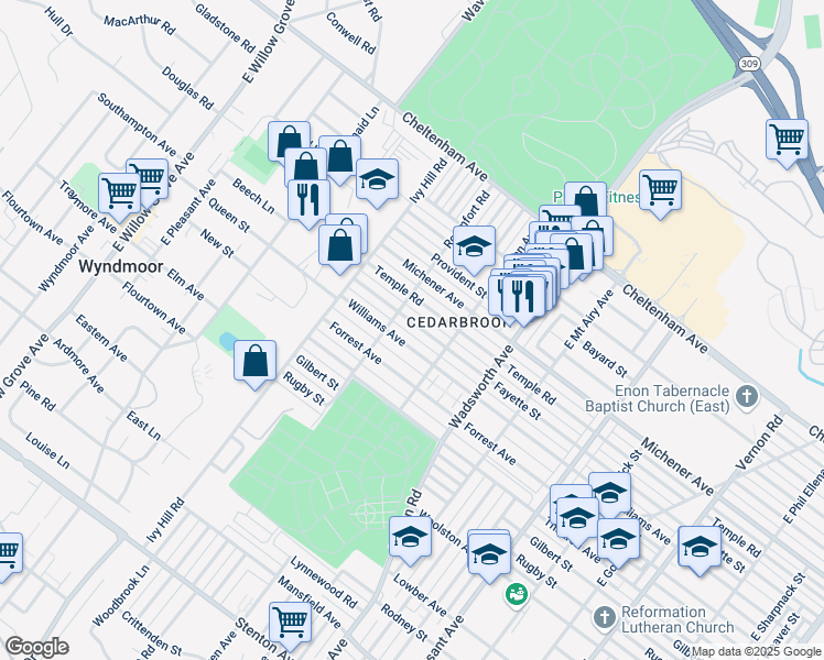 map of restaurants, bars, coffee shops, grocery stores, and more near 8601 Fayette Street in Philadelphia