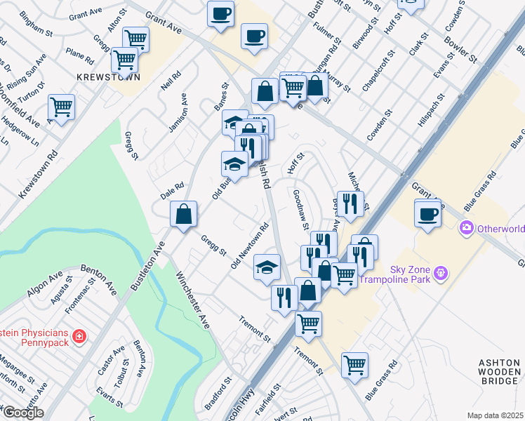 map of restaurants, bars, coffee shops, grocery stores, and more near 9211 Ambassador Place in Philadelphia