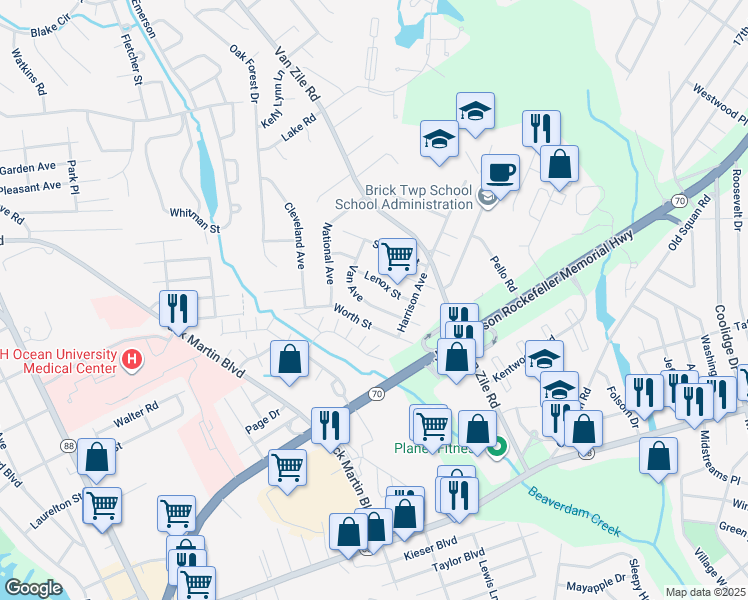 map of restaurants, bars, coffee shops, grocery stores, and more near 293 Lenox Street in Brick Township