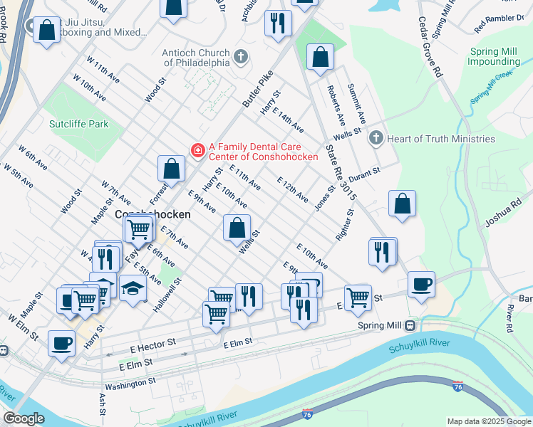 map of restaurants, bars, coffee shops, grocery stores, and more near 1006 Wells Street in Conshohocken