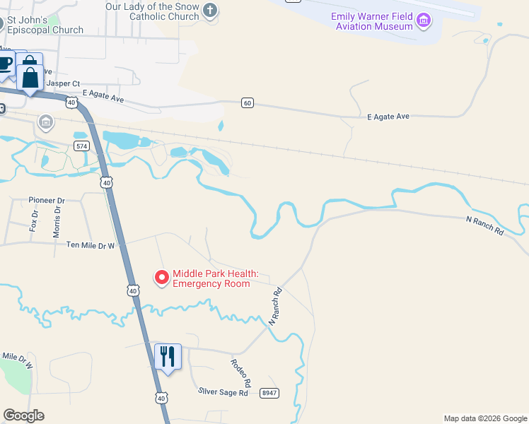 map of restaurants, bars, coffee shops, grocery stores, and more near 305 Edgewater Court in Granby