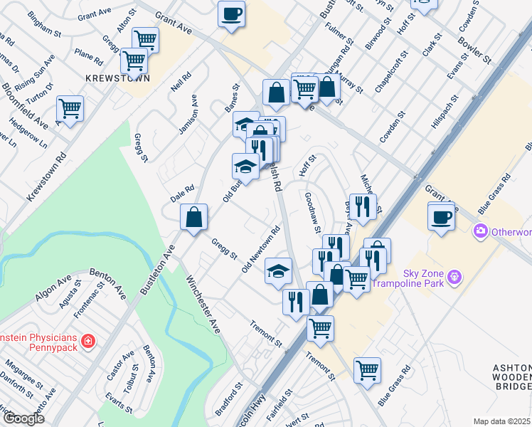 map of restaurants, bars, coffee shops, grocery stores, and more near 9200 Ambassador Place in Philadelphia