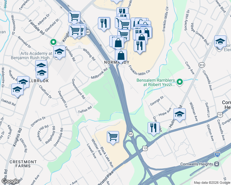 map of restaurants, bars, coffee shops, grocery stores, and more near 4437 Ernie Davis Circle in Philadelphia