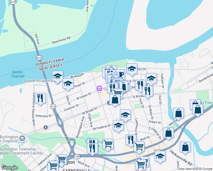map of restaurants, bars, coffee shops, grocery stores, and more near 212 High Street in Burlington