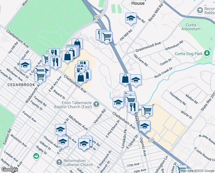 map of restaurants, bars, coffee shops, grocery stores, and more near 214 MacDonald Avenue in Wyncote