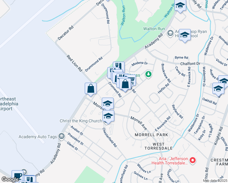 map of restaurants, bars, coffee shops, grocery stores, and more near 10224 Woburn Place in Philadelphia