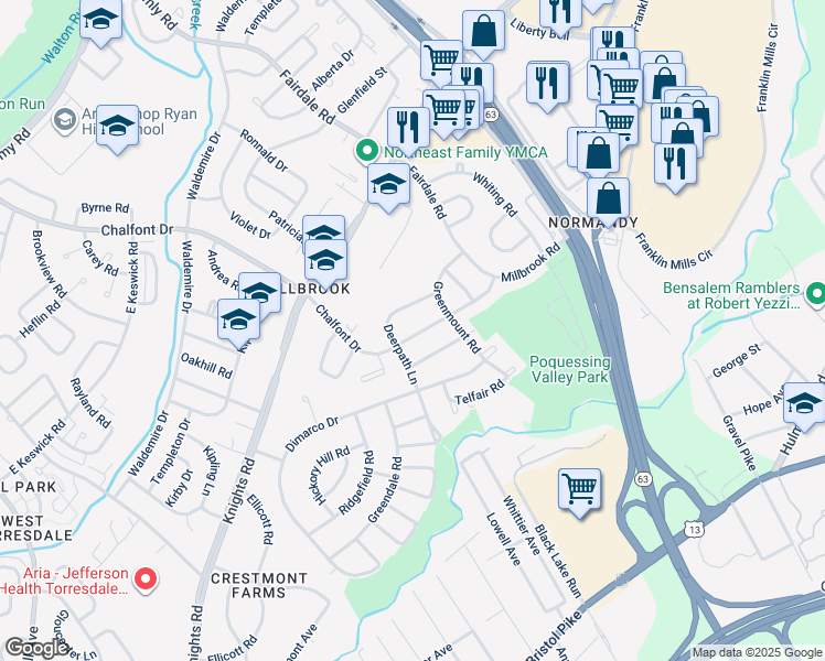map of restaurants, bars, coffee shops, grocery stores, and more near 11708 Millbrook Road in Philadelphia