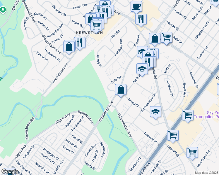 map of restaurants, bars, coffee shops, grocery stores, and more near 1603 Colima Road in Philadelphia