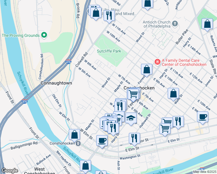 map of restaurants, bars, coffee shops, grocery stores, and more near 241 West 6th Avenue in Conshohocken