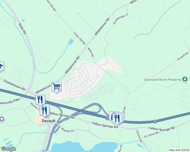 map of restaurants, bars, coffee shops, grocery stores, and more near 606 Spring Oak Drive in Malvern