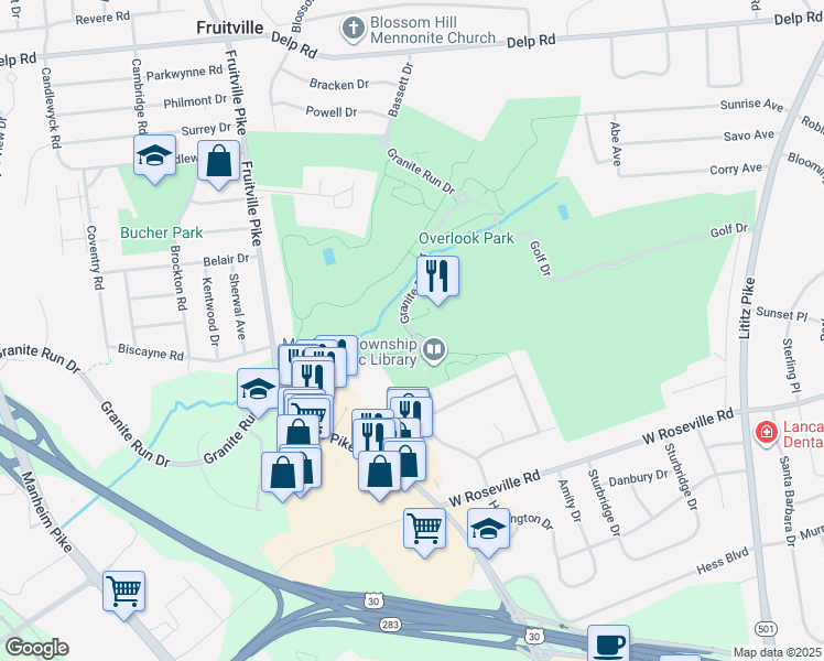 map of restaurants, bars, coffee shops, grocery stores, and more near 605 Granite Run Drive in Lancaster