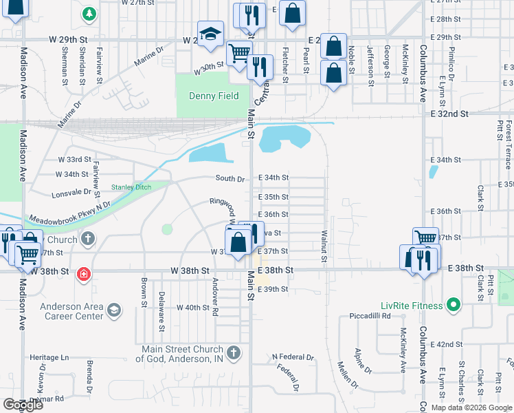 map of restaurants, bars, coffee shops, grocery stores, and more near 120 East 35th Street in Anderson