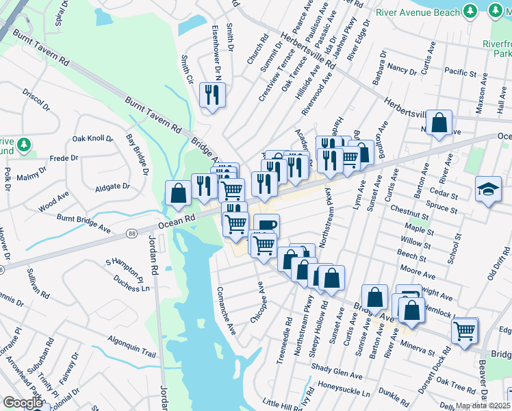 map of restaurants, bars, coffee shops, grocery stores, and more near 3147 New Jersey 88 in Point Pleasant