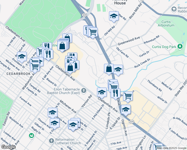map of restaurants, bars, coffee shops, grocery stores, and more near 214 MacDonald Avenue in Wyncote