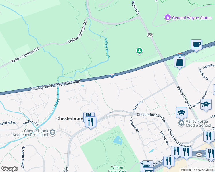 map of restaurants, bars, coffee shops, grocery stores, and more near 1598 Morgan Lane in Chesterbrook