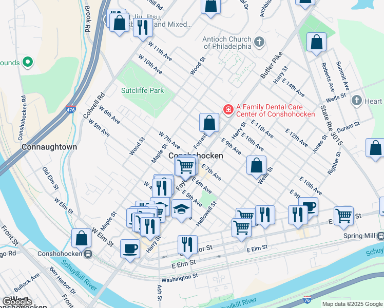 map of restaurants, bars, coffee shops, grocery stores, and more near 711 Forrest Street in Conshohocken