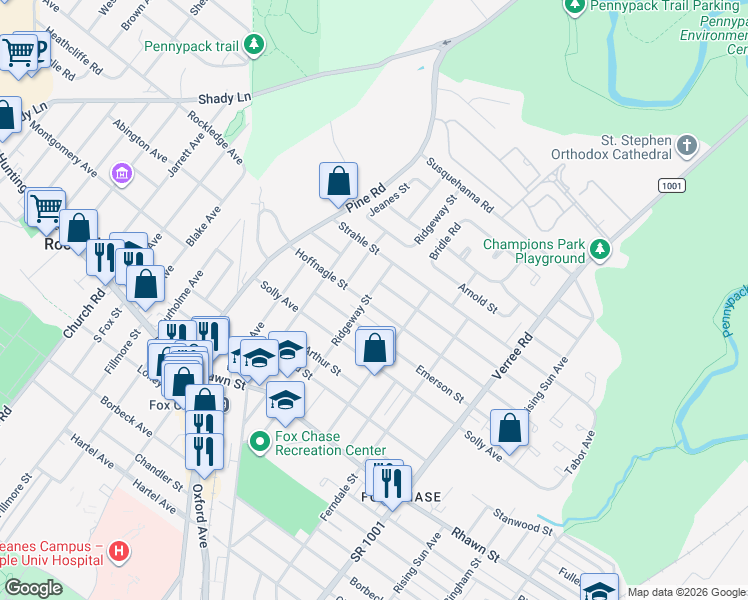 map of restaurants, bars, coffee shops, grocery stores, and more near 8323 Ridgeway Street in Philadelphia
