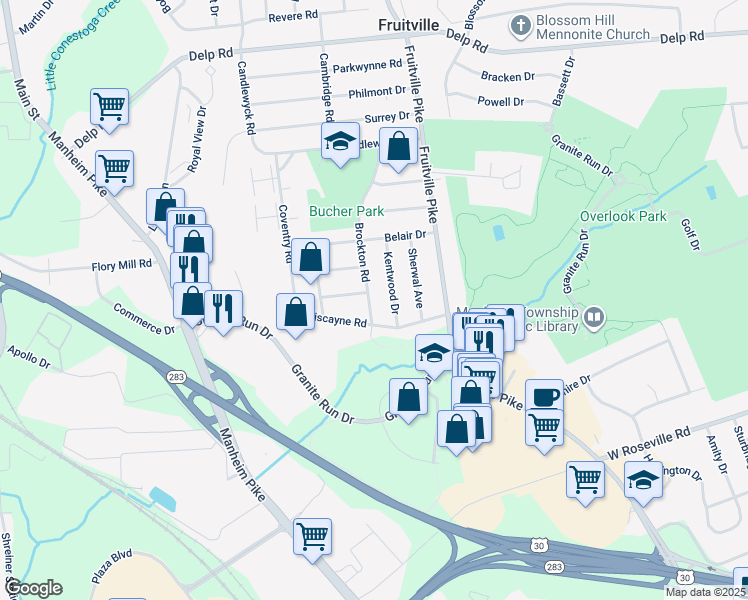 map of restaurants, bars, coffee shops, grocery stores, and more near 2131 Brockton Road in Lancaster
