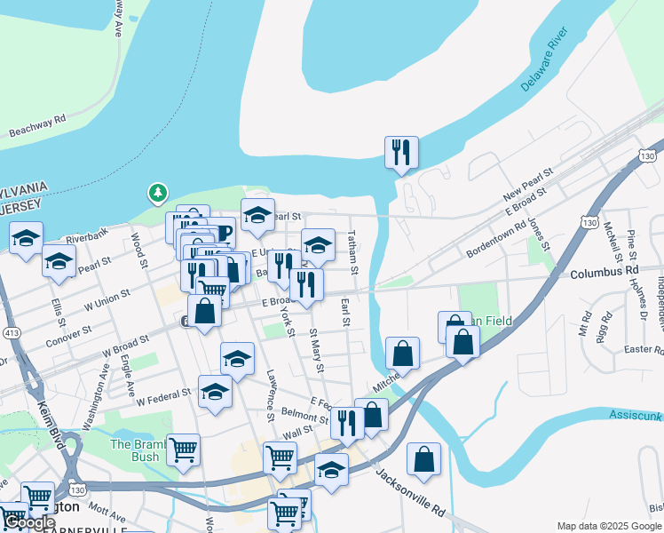 map of restaurants, bars, coffee shops, grocery stores, and more near 311 East Union Street in Burlington