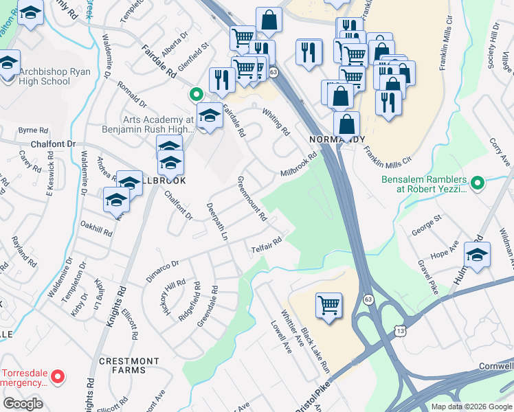 map of restaurants, bars, coffee shops, grocery stores, and more near 11802 Millbrook Road in Philadelphia