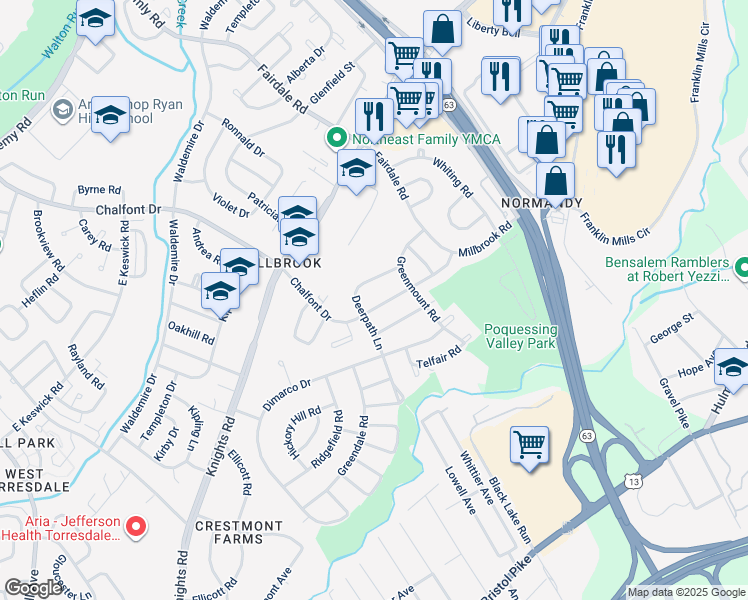 map of restaurants, bars, coffee shops, grocery stores, and more near 11704 Millbrook Road in Philadelphia