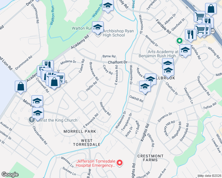 map of restaurants, bars, coffee shops, grocery stores, and more near 3583 Brookview Road in Philadelphia
