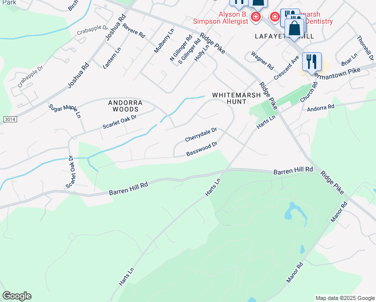 map of restaurants, bars, coffee shops, grocery stores, and more near 2129 Basswood Drive in Lafayette Hill