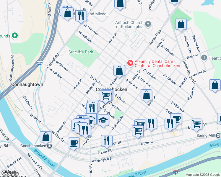 map of restaurants, bars, coffee shops, grocery stores, and more near in Conshohocken