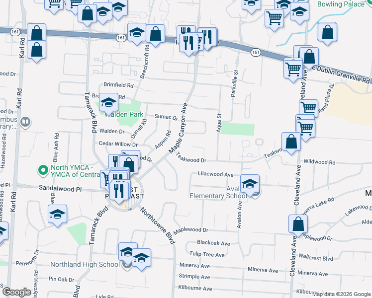 map of restaurants, bars, coffee shops, grocery stores, and more near 5447 Maple Canyon Avenue in Columbus