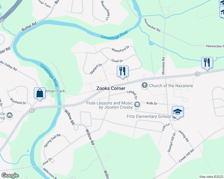map of restaurants, bars, coffee shops, grocery stores, and more near 2102 New Holland Pike in Lancaster
