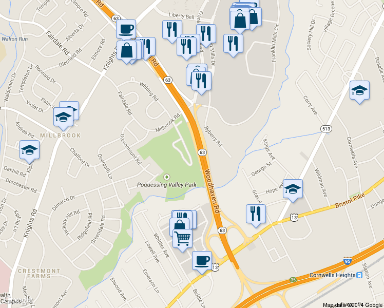 map of restaurants, bars, coffee shops, grocery stores, and more near 4447 Ernie Davis Circle in Philadelphia