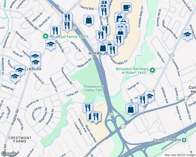 map of restaurants, bars, coffee shops, grocery stores, and more near 4447 Ernie Davis Circle in Philadelphia
