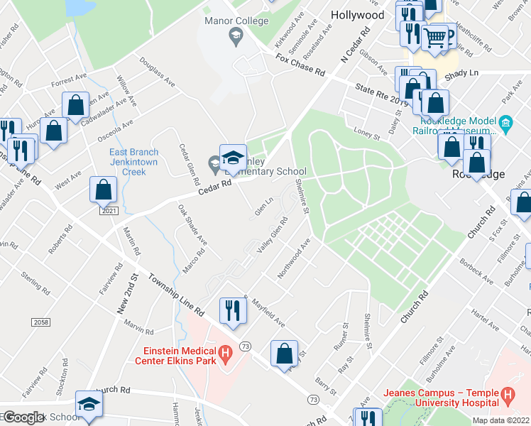 map of restaurants, bars, coffee shops, grocery stores, and more near 213 Glen Lane in Elkins Park