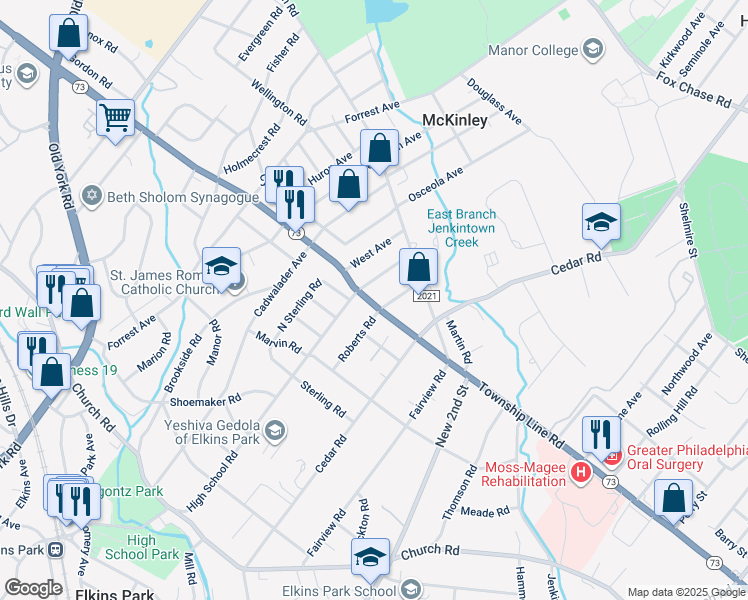 map of restaurants, bars, coffee shops, grocery stores, and more near 811 Township Line Road in Montgomery
