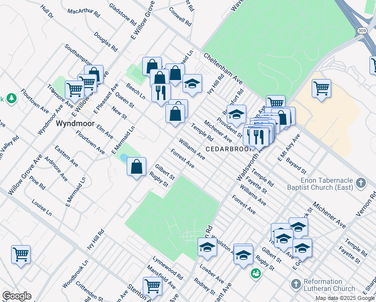 map of restaurants, bars, coffee shops, grocery stores, and more near 8614 Williams Avenue in Philadelphia