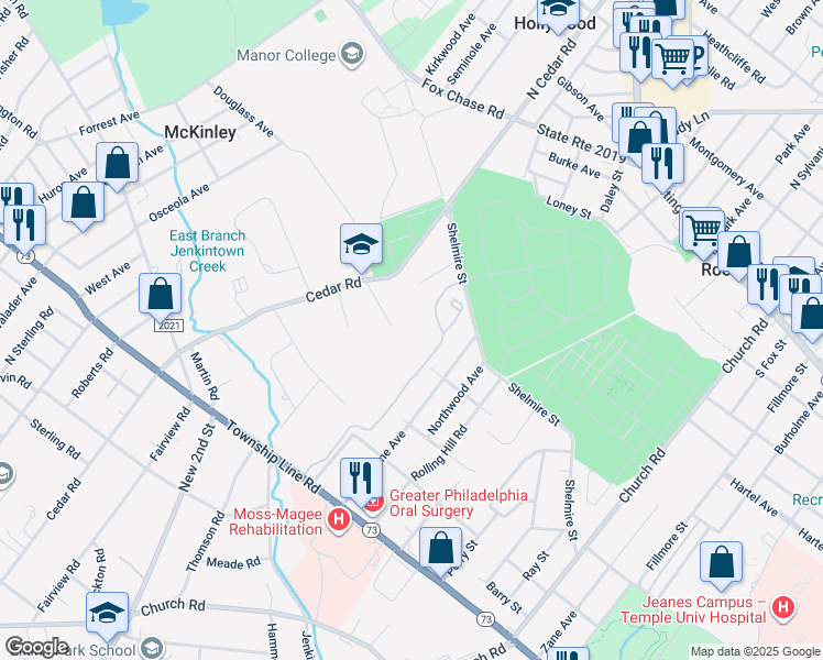 map of restaurants, bars, coffee shops, grocery stores, and more near 213 Glen Lane in Elkins Park