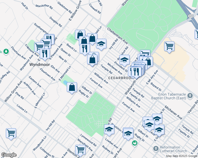 map of restaurants, bars, coffee shops, grocery stores, and more near 8614 Williams Avenue in Philadelphia
