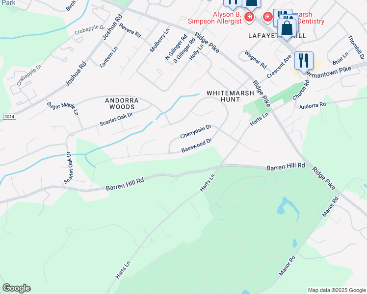 map of restaurants, bars, coffee shops, grocery stores, and more near 2129 Basswood Drive in Lafayette Hill