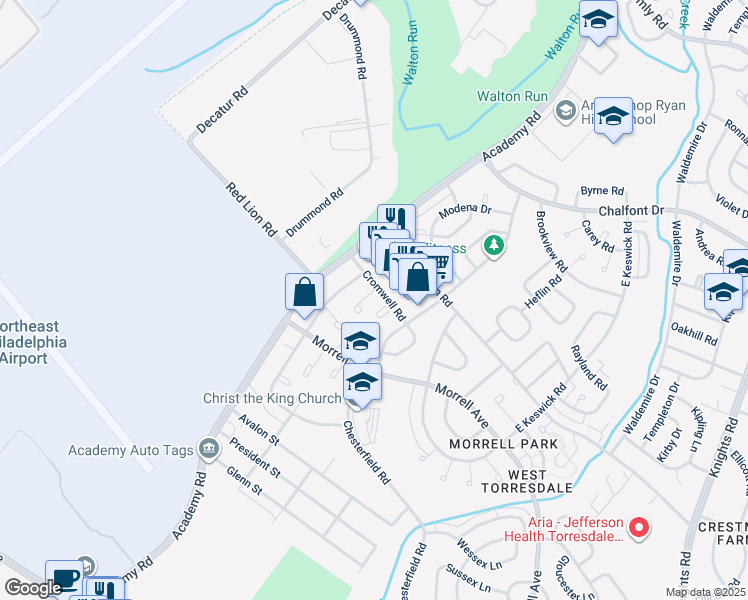 map of restaurants, bars, coffee shops, grocery stores, and more near 10221 Ambridge Place in Philadelphia
