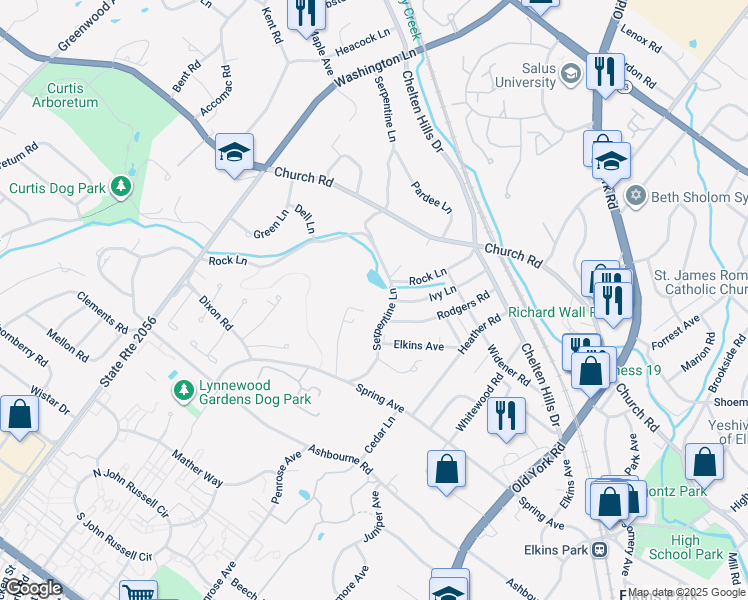 map of restaurants, bars, coffee shops, grocery stores, and more near 7932 Hidden Lane in Elkins Park