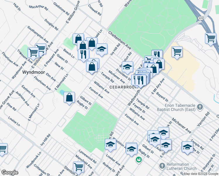 map of restaurants, bars, coffee shops, grocery stores, and more near 8552 Fayette Street in Philadelphia