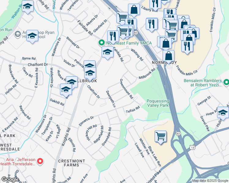 map of restaurants, bars, coffee shops, grocery stores, and more near 11712 Millbrook Road in Philadelphia