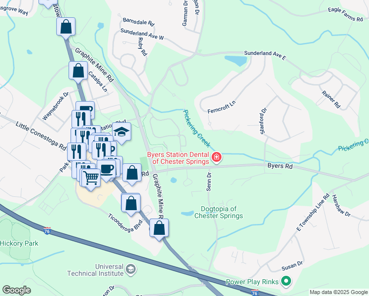map of restaurants, bars, coffee shops, grocery stores, and more near 143 Granite Lane in Chester Springs