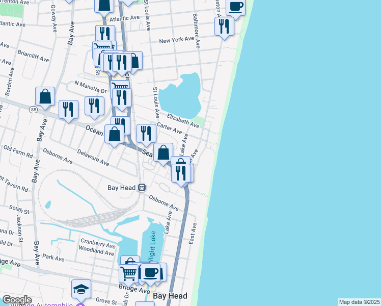 map of restaurants, bars, coffee shops, grocery stores, and more near 1601-1603 Ocean Avenue in Point Pleasant Beach