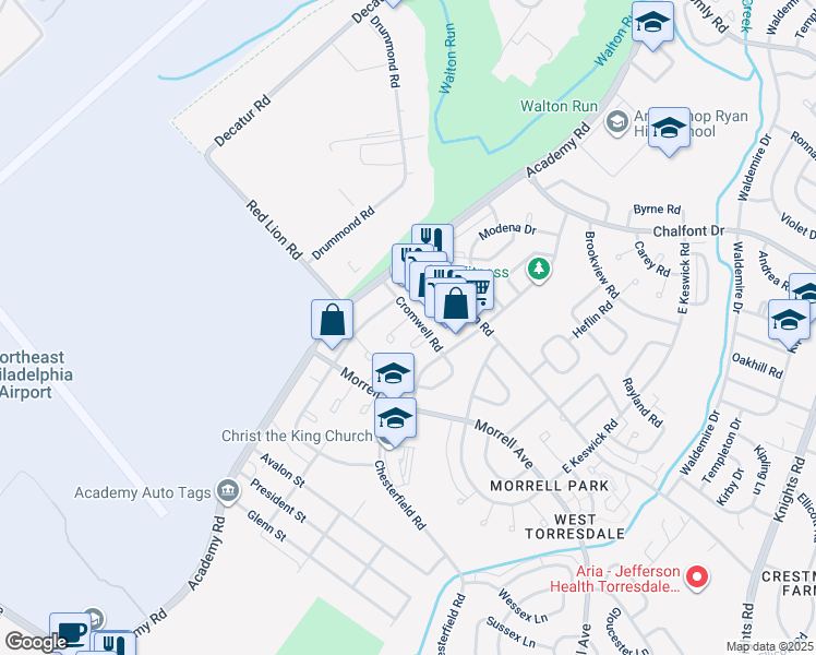 map of restaurants, bars, coffee shops, grocery stores, and more near 10221 Ambridge Place in Philadelphia