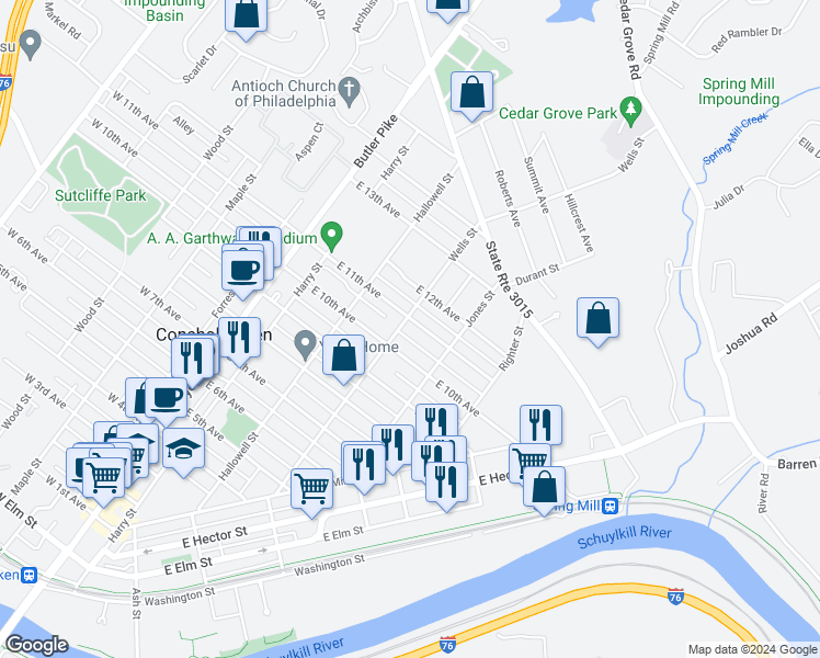 map of restaurants, bars, coffee shops, grocery stores, and more near 307 East 11th Avenue in Conshohocken