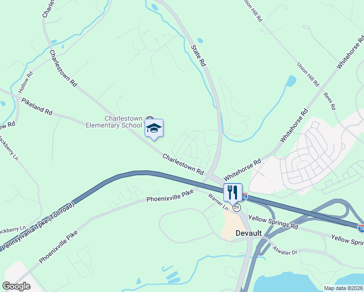 map of restaurants, bars, coffee shops, grocery stores, and more near 119 Shilling Avenue in Malvern