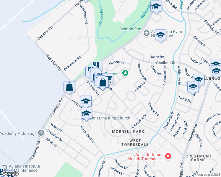 map of restaurants, bars, coffee shops, grocery stores, and more near Red Lion Rd & Calera Rd in Philadelphia