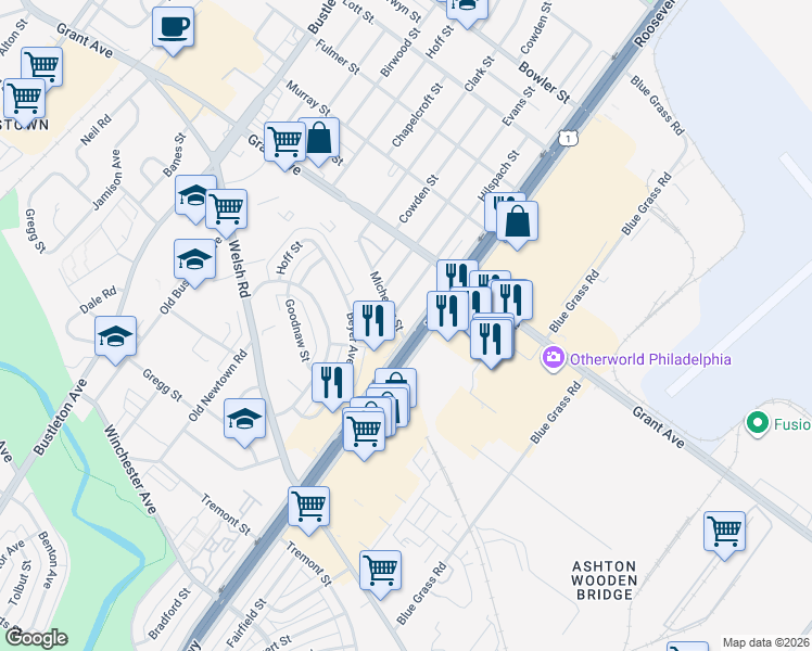 map of restaurants, bars, coffee shops, grocery stores, and more near 9400 Roosevelt Boulevard in Philadelphia