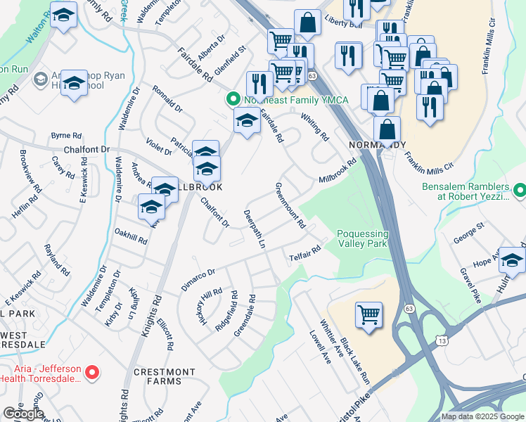 map of restaurants, bars, coffee shops, grocery stores, and more near 11712 Millbrook Road in Philadelphia